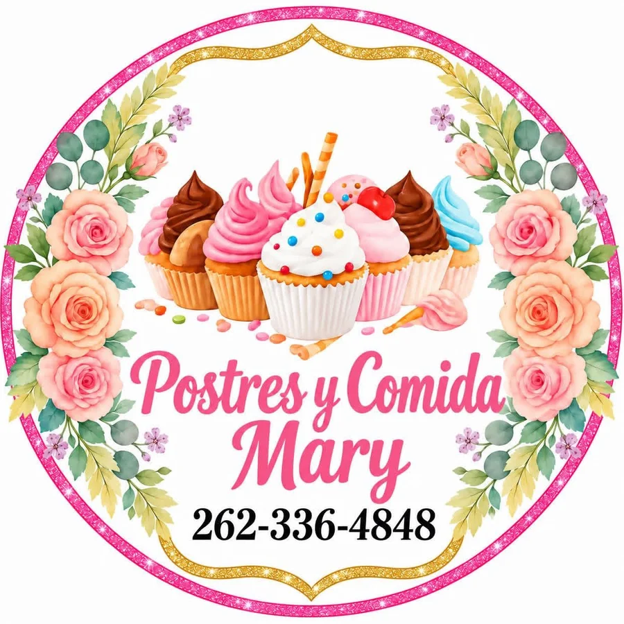 Logo de Postres y Comida Mary con cupcakes y rosas